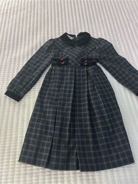 Bonnie Jean Navy, Green and Red Plaid Dress with Velvet Trim w Pleats. Size 6X